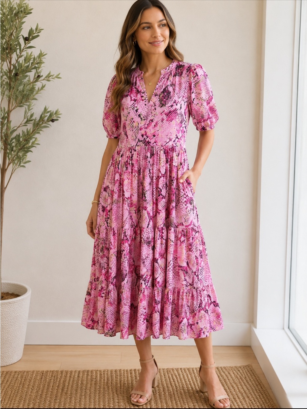 Jude Connally Pink Snake-Print Maxi Dress with Puff Sleeves